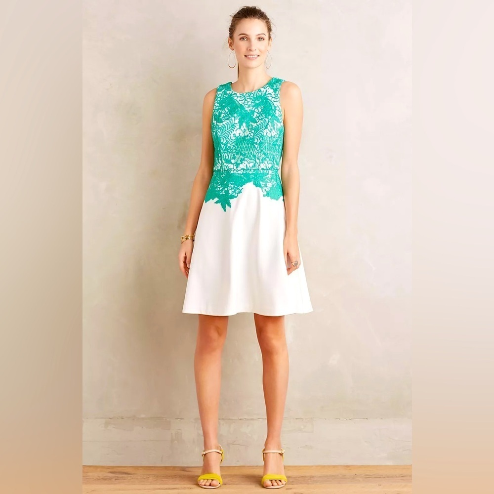 Anthropologie Moulinette Soeurs Cream & Green Arbor Lace Fit & Flare Dress 10